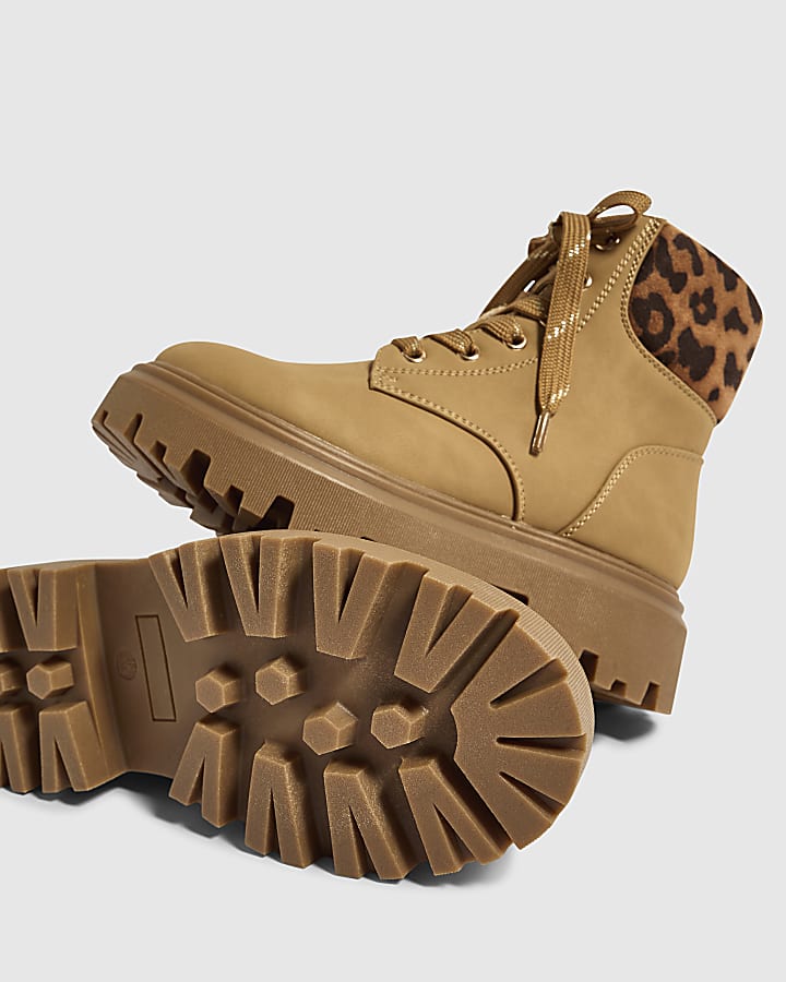 Girls Brown Leopard Print Cuff Hiker Boots