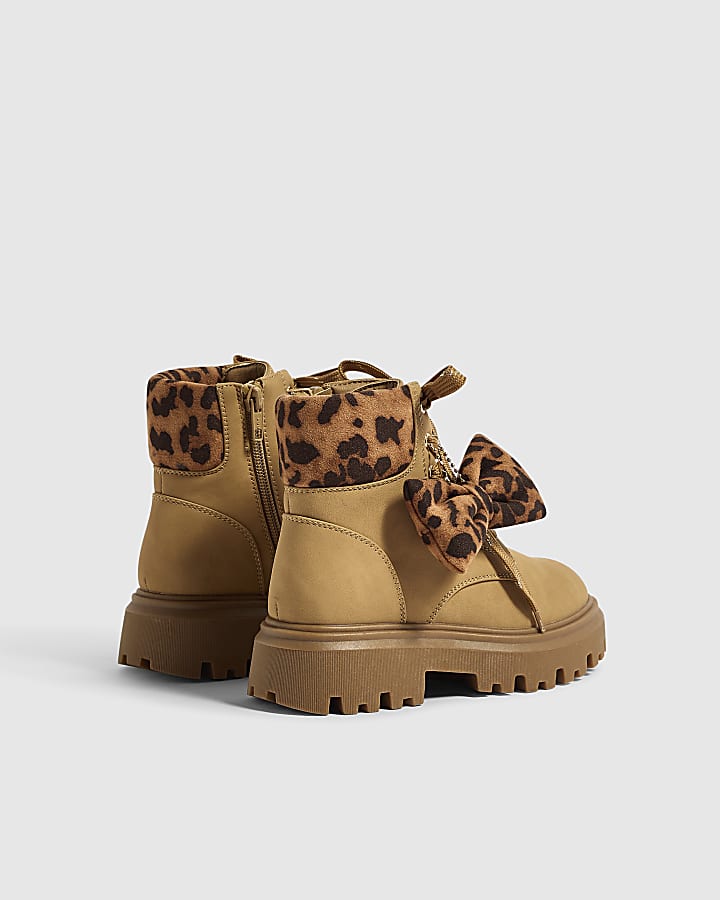 Girls Brown Leopard Print Cuff Hiker Boots