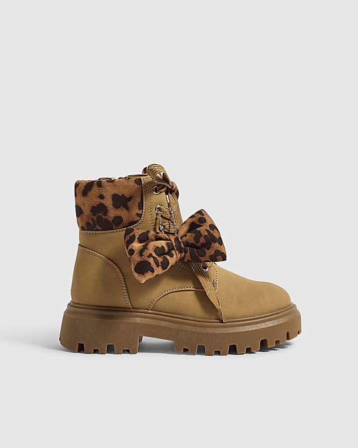 Girls Brown Leopard Print Cuff Hiker Boots