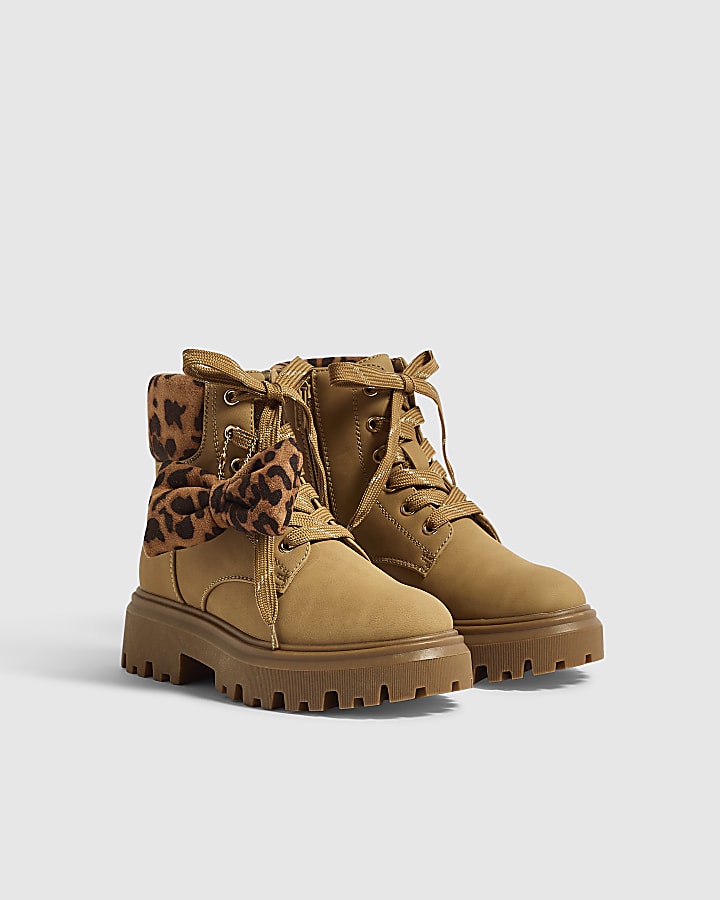 Girls Brown Leopard Print Cuff Hiker Boots