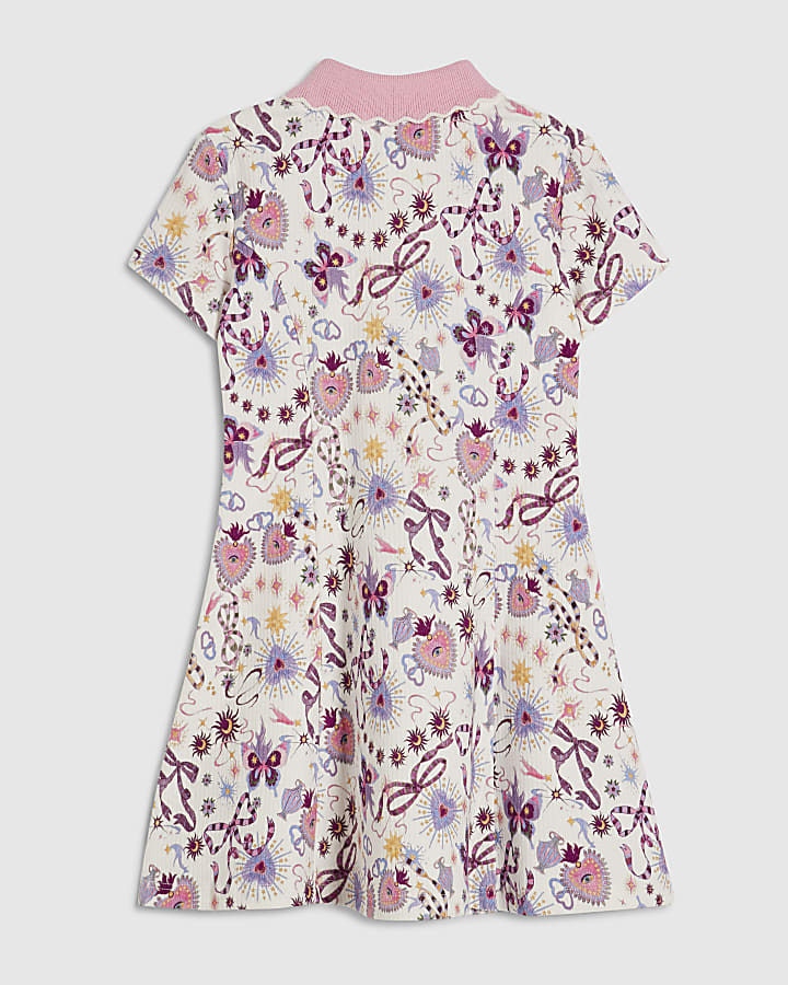Mini Girls Cream Bow Print Polo Dress