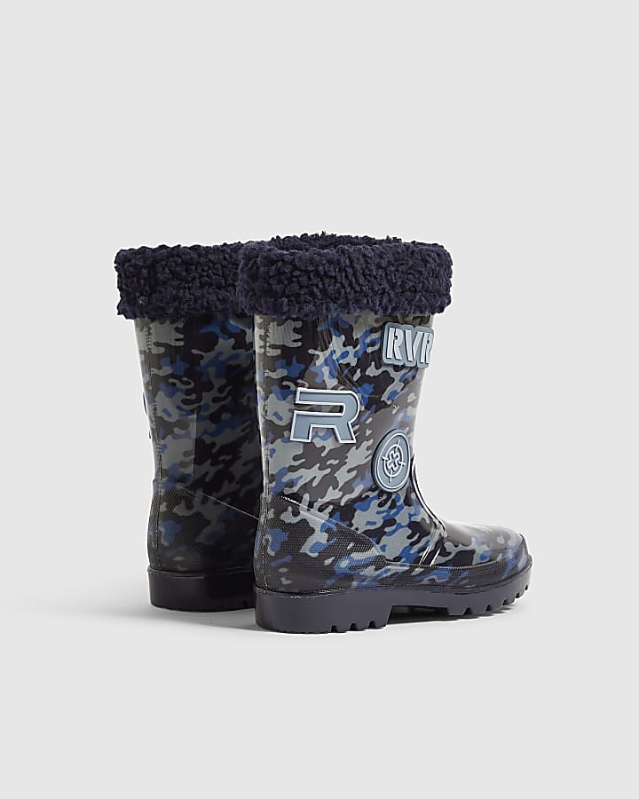 Boys Navy Camouflage Badge Wellies