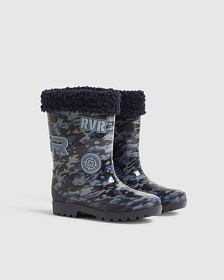 Boys Navy Camouflage Badge Wellies