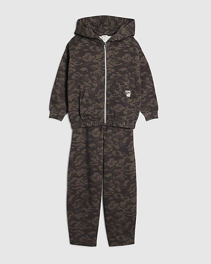 Boys Khaki Zip Through Camouflage Hoodie Set