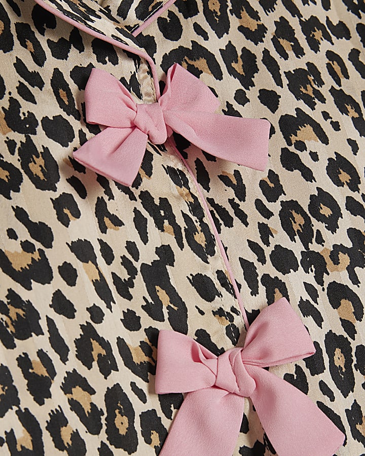 Mini Girls Brown Leopard Bow Satin Pyjama Set