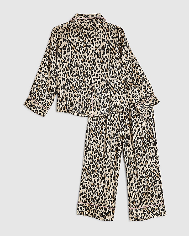 Mini Girls Brown Leopard Bow Satin Pyjama Set