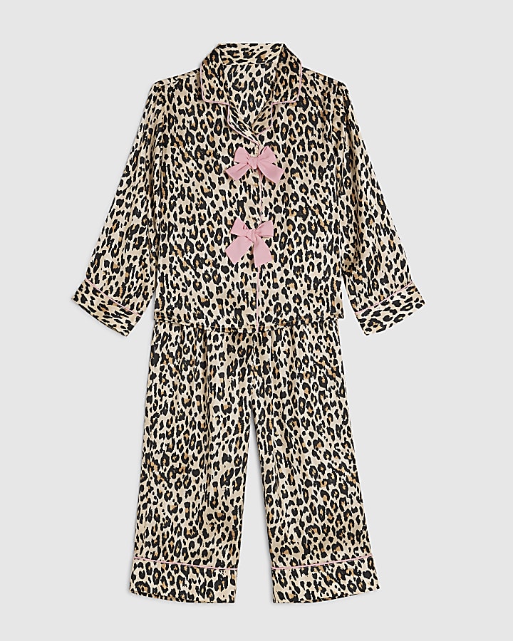 Mini Girls Brown Leopard Bow Satin Pyjama Set