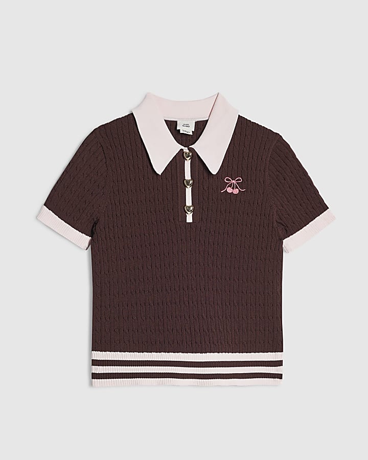 Girls Brown Tipped Polo Shirt