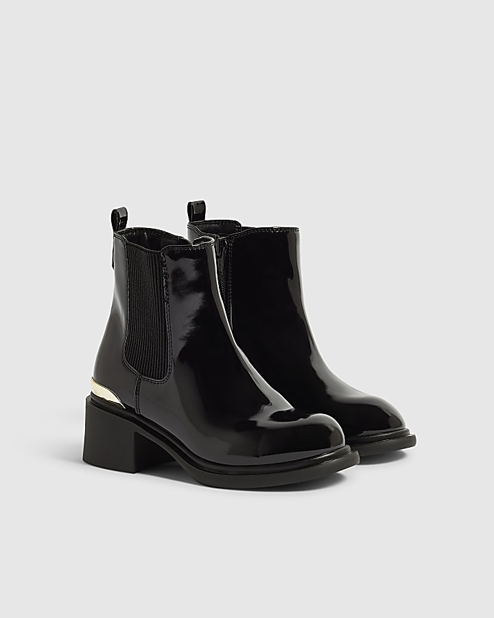 Girls Black Heel Patent Boots