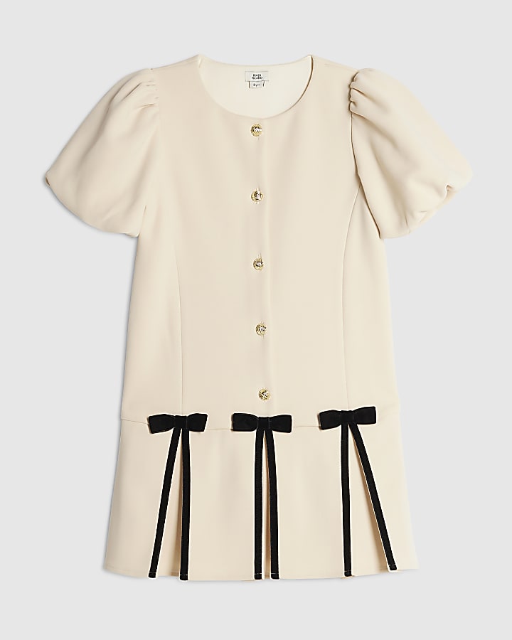 Girls Cream Pleated Bow Hem Dress