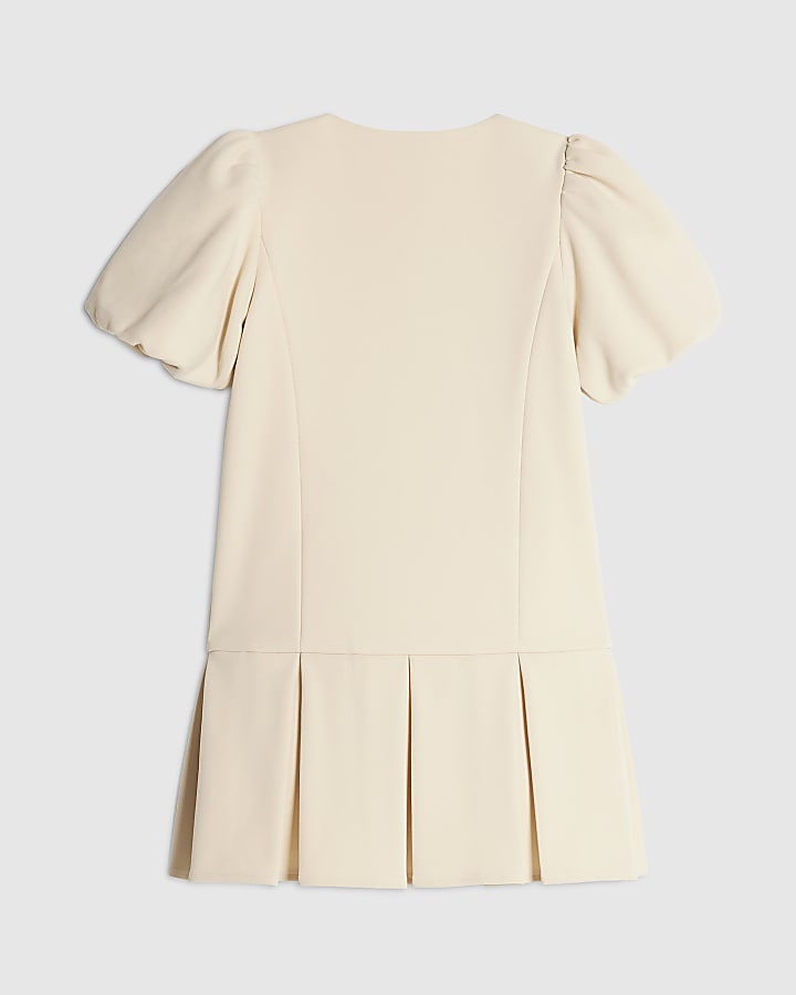 Girls Cream Pleated Bow Hem Dress