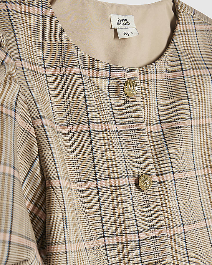 Girls Brown Check Pleated Bow Hem Dress
