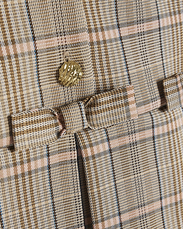Girls Brown Check Pleated Bow Hem Dress