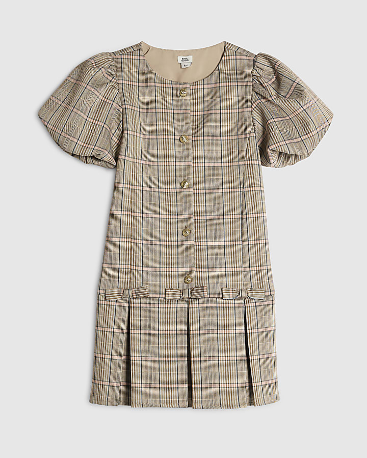 Girls Brown Check Pleated Bow Hem Dress
