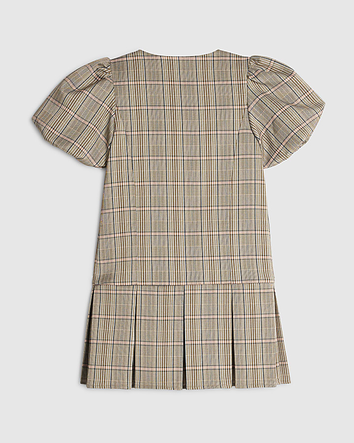 Girls Brown Check Pleated Bow Hem Dress