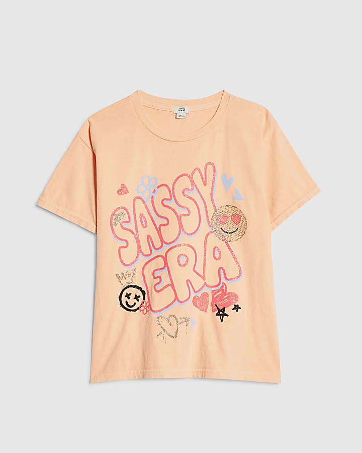 Girls Orange Sassy Era Smile Graphic T-Shirt