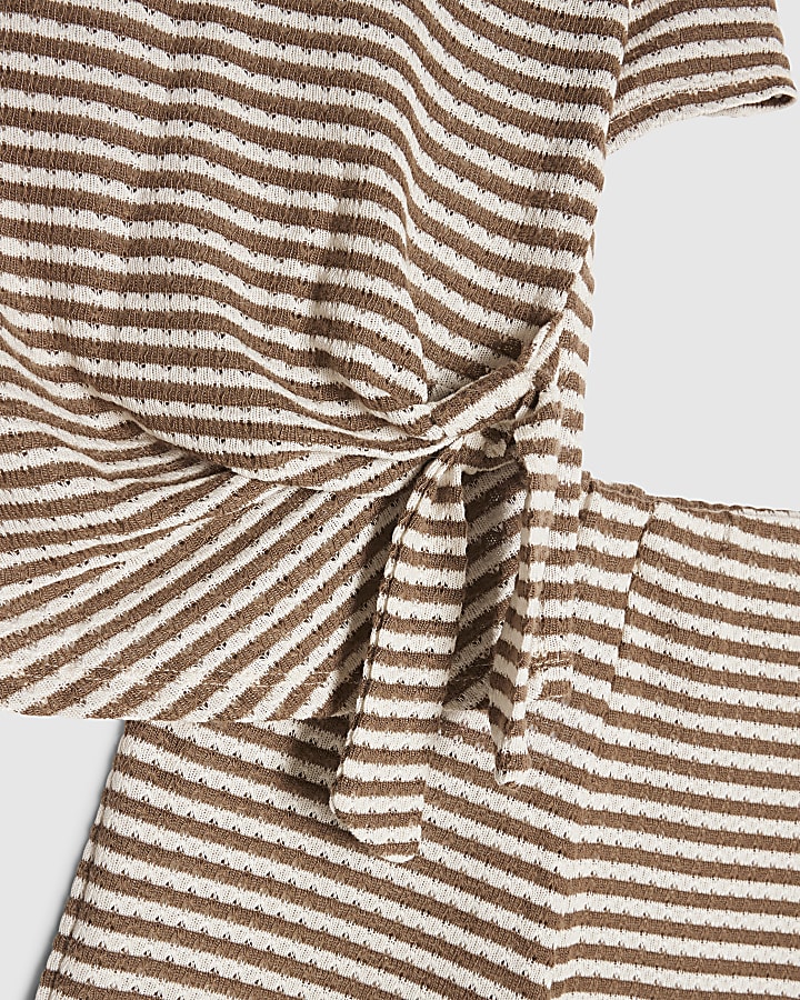 Girls Brown Striped Knot Front T-Shirt Set