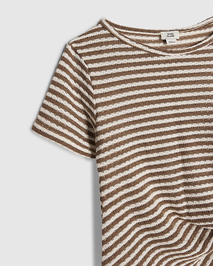 Girls Brown Striped Knot Front T-Shirt Set