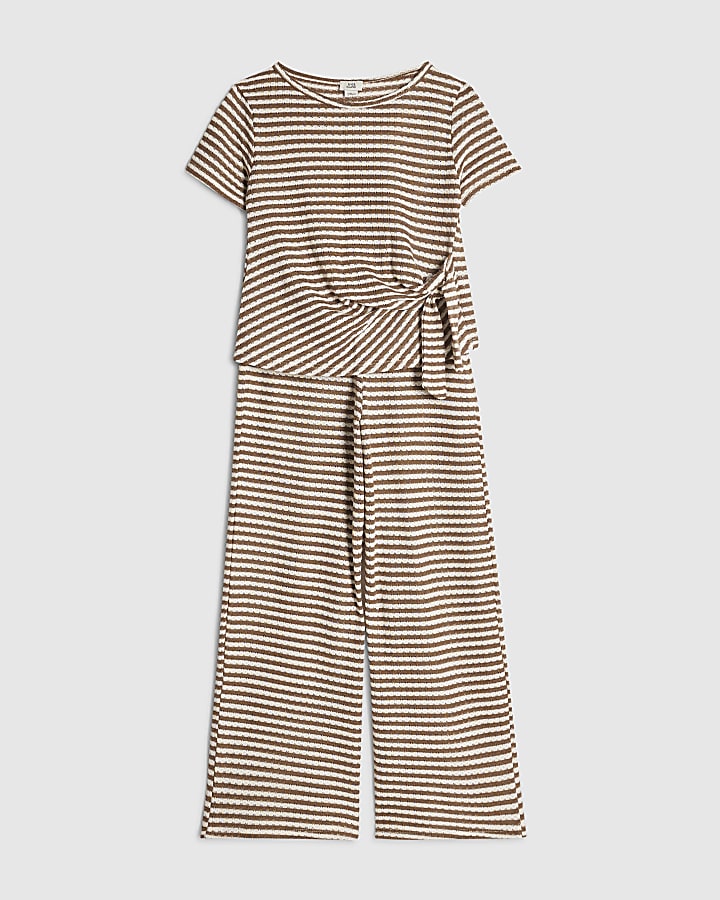 Girls Brown Striped Knot Front T-Shirt Set