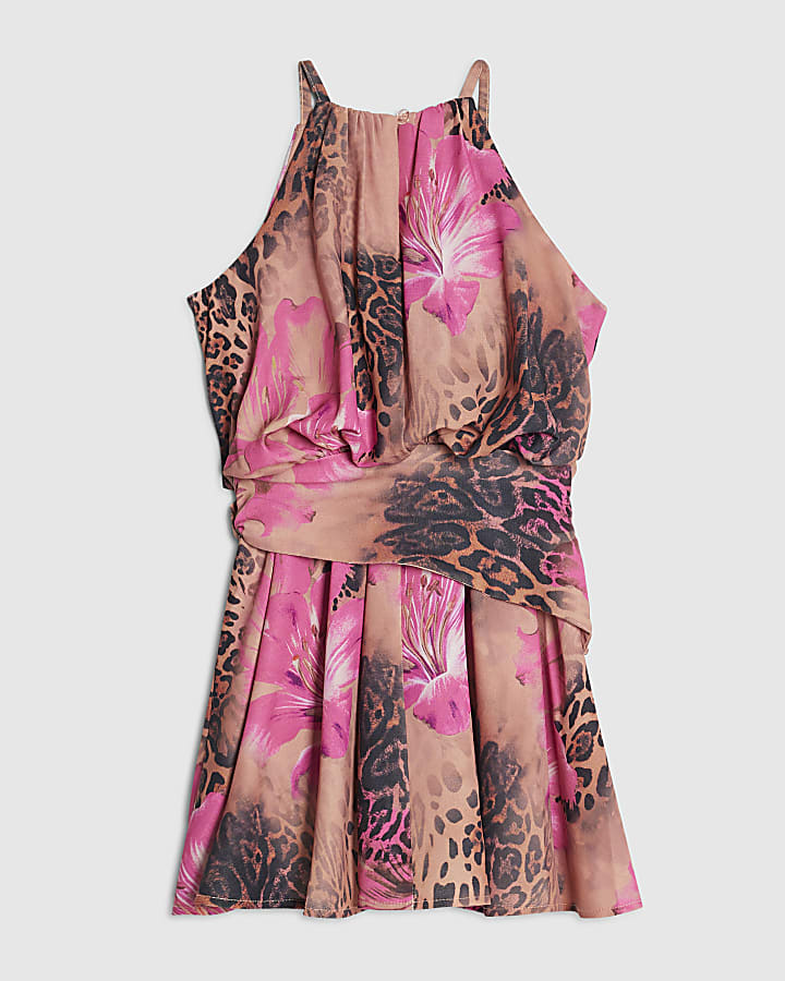 Girls Orange Halter Neck Leopard Dress