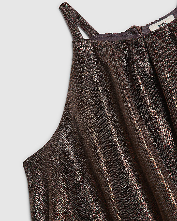 Girls Brown Halter Neck Metallic Skater Dress