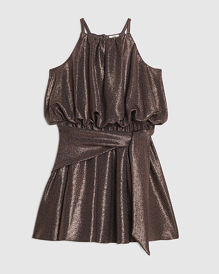 Girls Brown Halter Neck Metallic Skater Dress