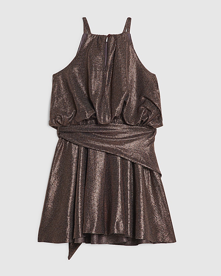 Girls Brown Halter Neck Metallic Skater Dress