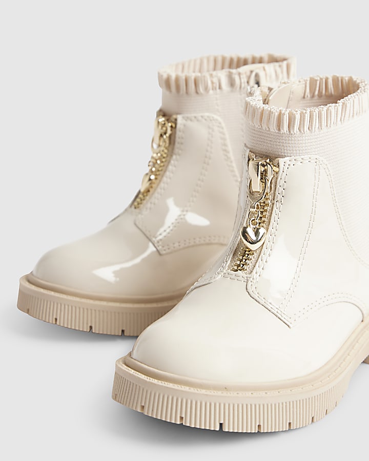 Mini Girls Cream Frill Top Zip Up Boots