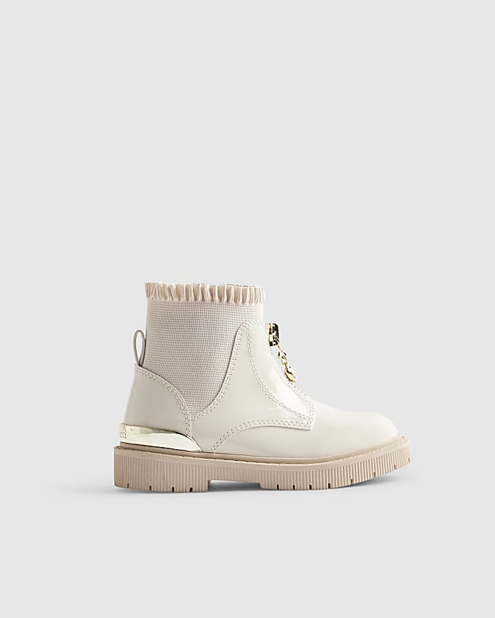 Mini Girls Cream Frill Top Zip Up Boots