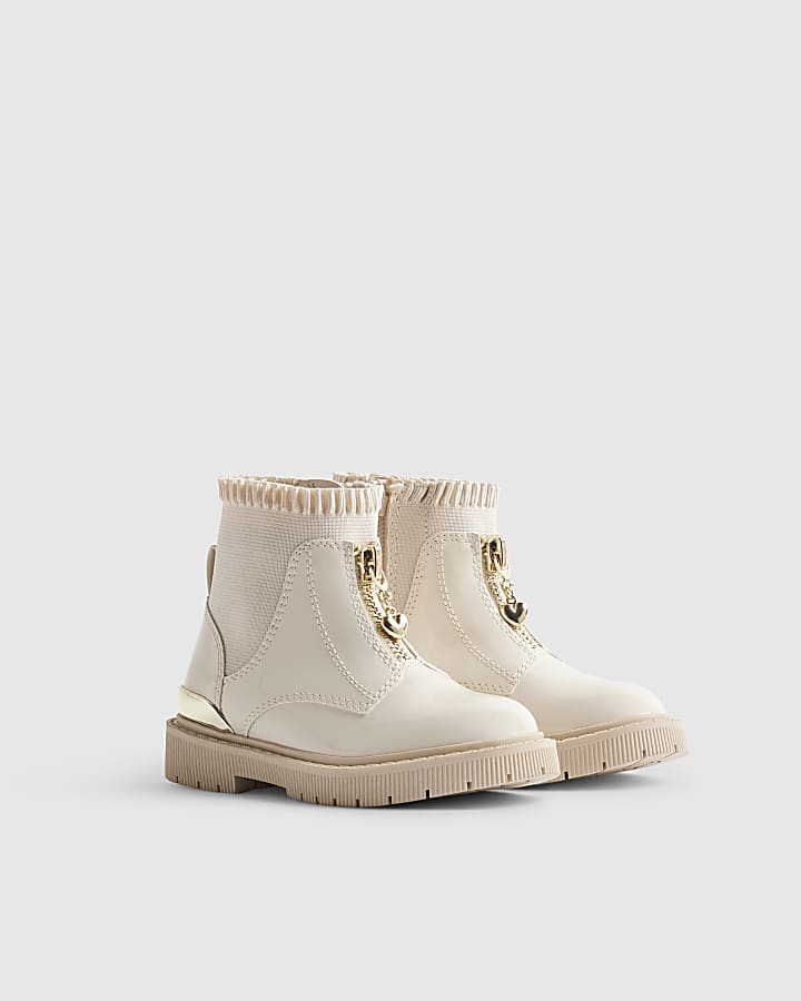 Mini Girls Cream Frill Top Zip Up Boots