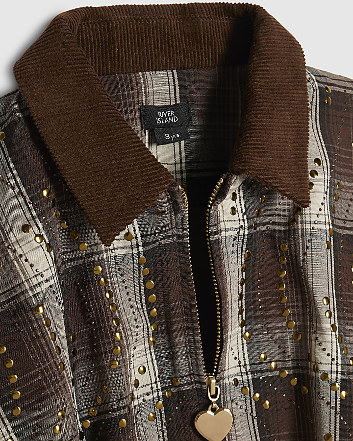 Girls Brown Check Stud Jacket