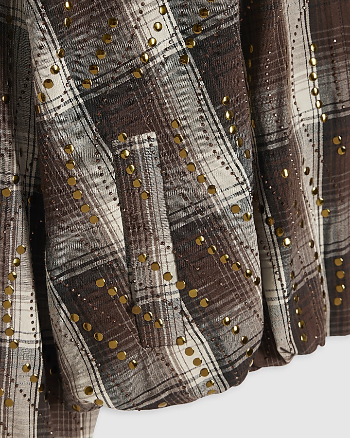 Girls Brown Check Stud Jacket