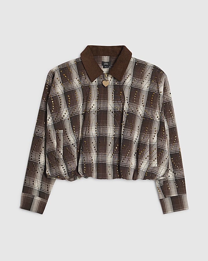 Girls Brown Check Stud Jacket