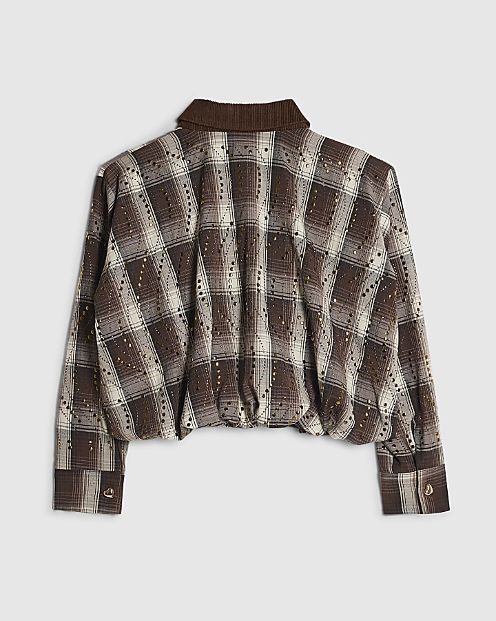 Girls Brown Check Stud Jacket