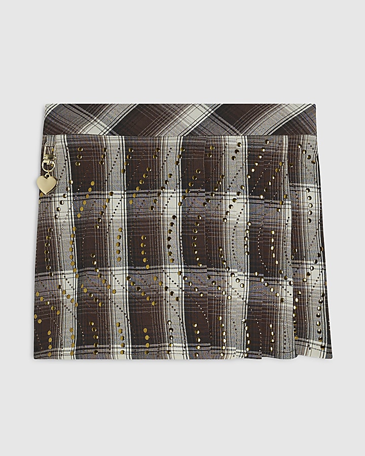 Girls Brown Check Stud Skort