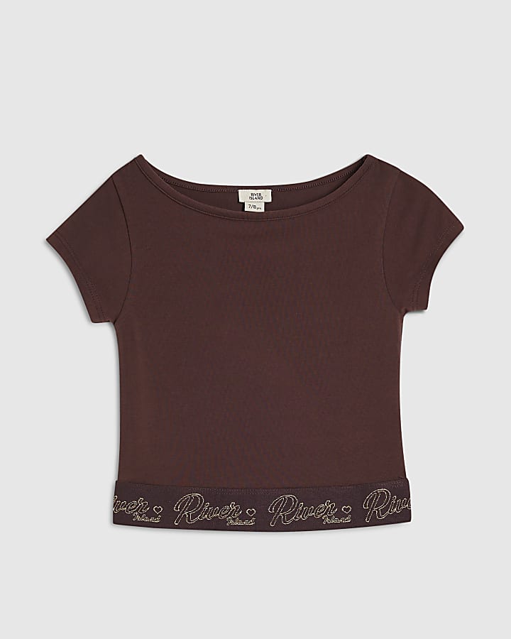 Girls Brown Cap Sleeve Waistband T-Shirt
