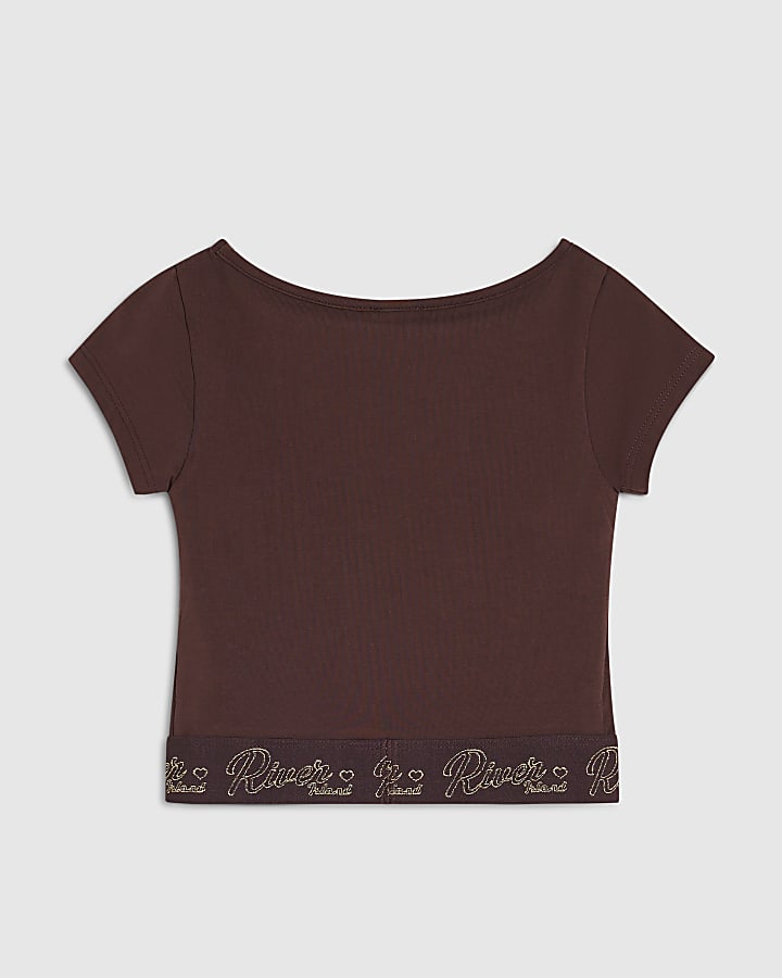 Girls Brown Cap Sleeve Waistband T-Shirt