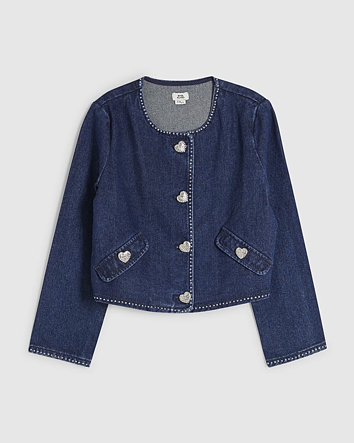 Girls Denim Heart Embellished Jacket