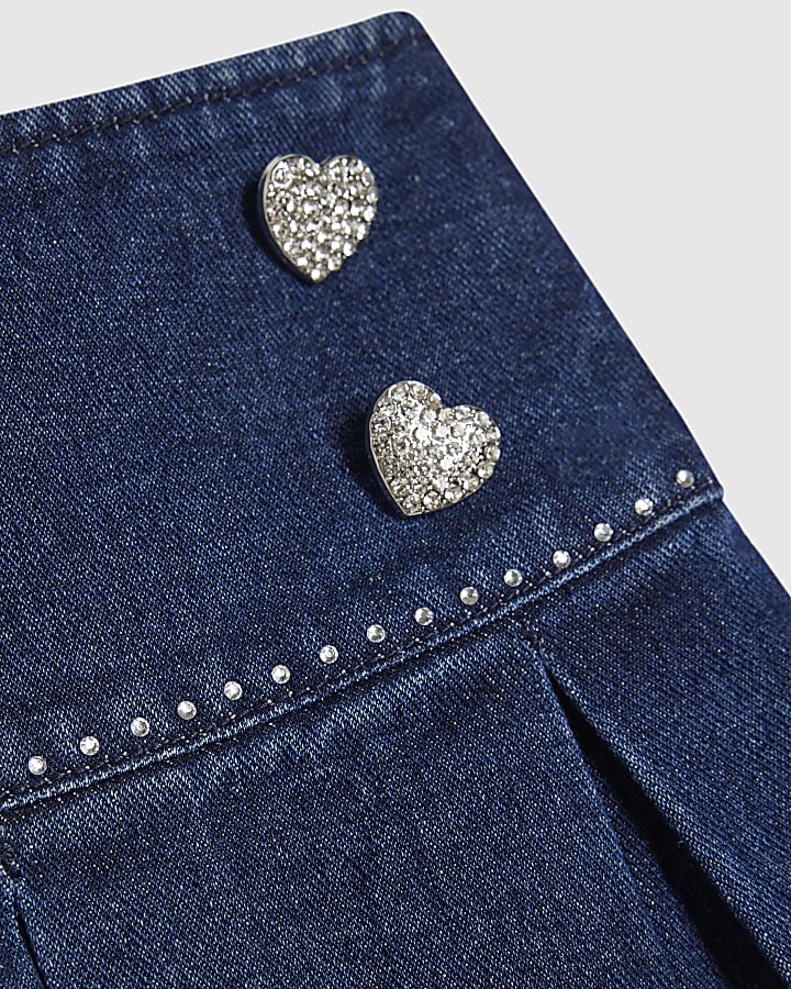 Girls Blue Denim Heart Pleated Skirt