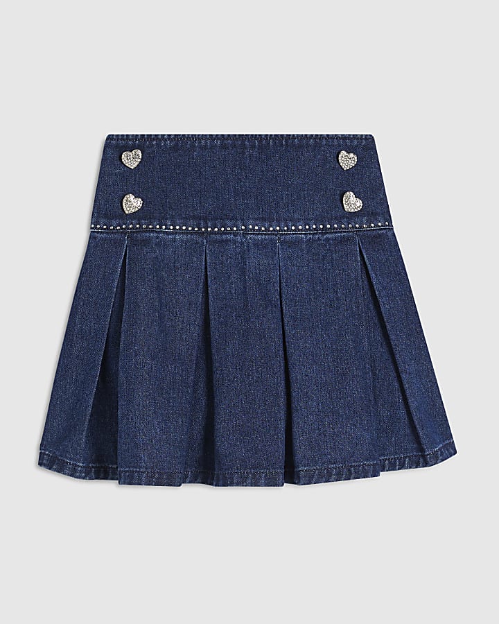 Girls Blue Denim Heart Pleated Skirt