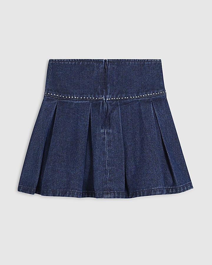 Girls Blue Denim Heart Pleated Skirt