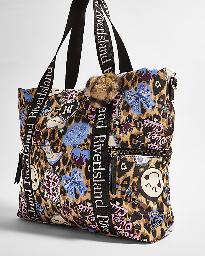 Girls Brown Leopard Print Shopper Bag