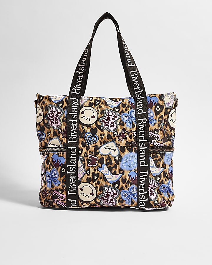 Girls Brown Leopard Print Shopper Bag