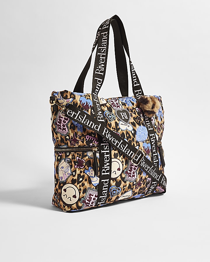 Girls Brown Leopard Print Shopper Bag