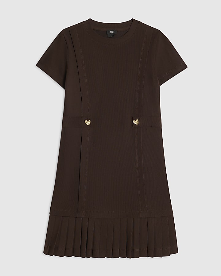 Girls Brown Pleated Hem Dress