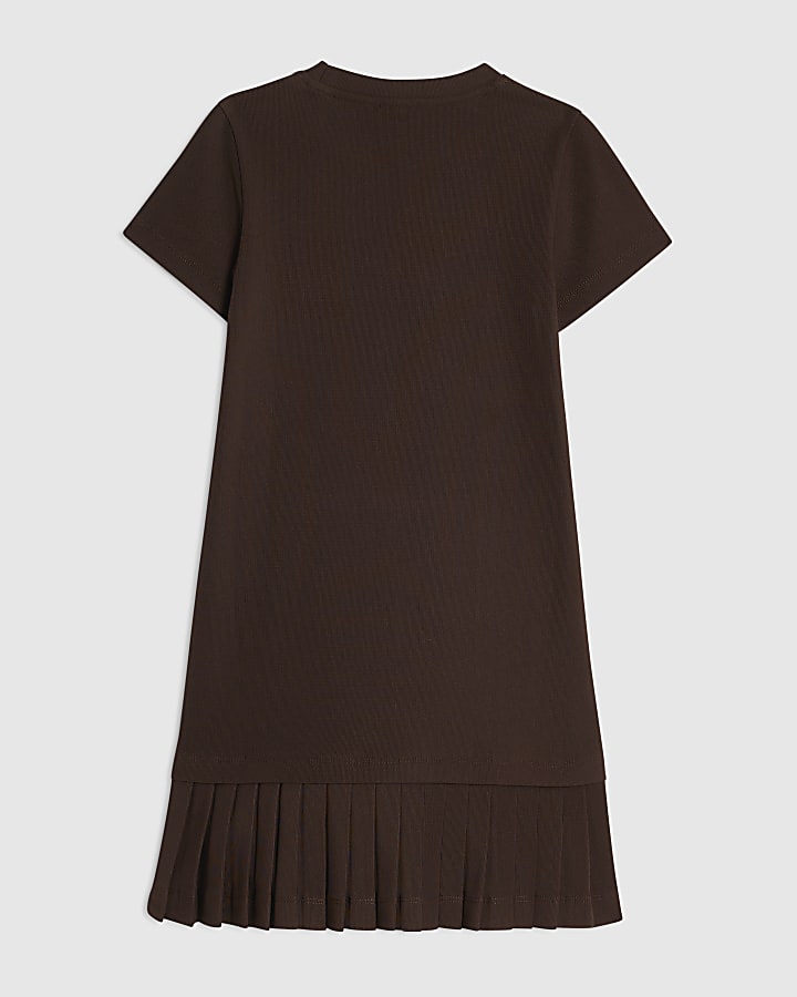 Girls Brown Pleated Hem Dress