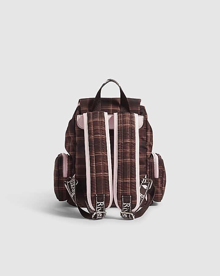 Girls Brown Check Backpack With Charms