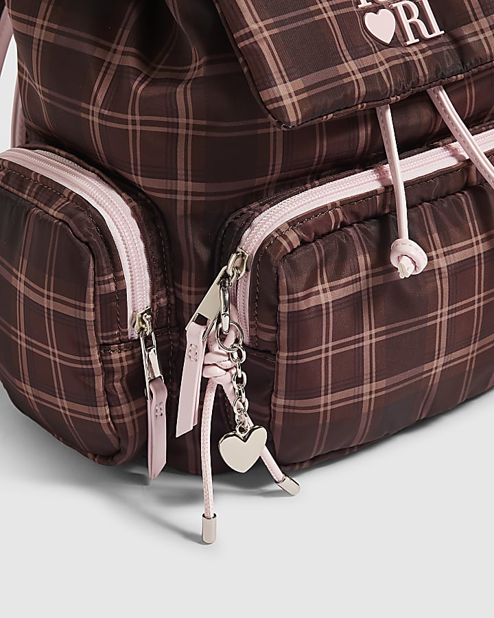 Girls Brown Check Backpack With Charms