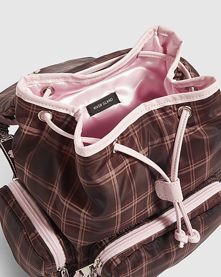 Girls Brown Check Backpack With Charms