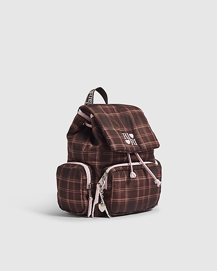 Girls Brown Check Backpack With Charms